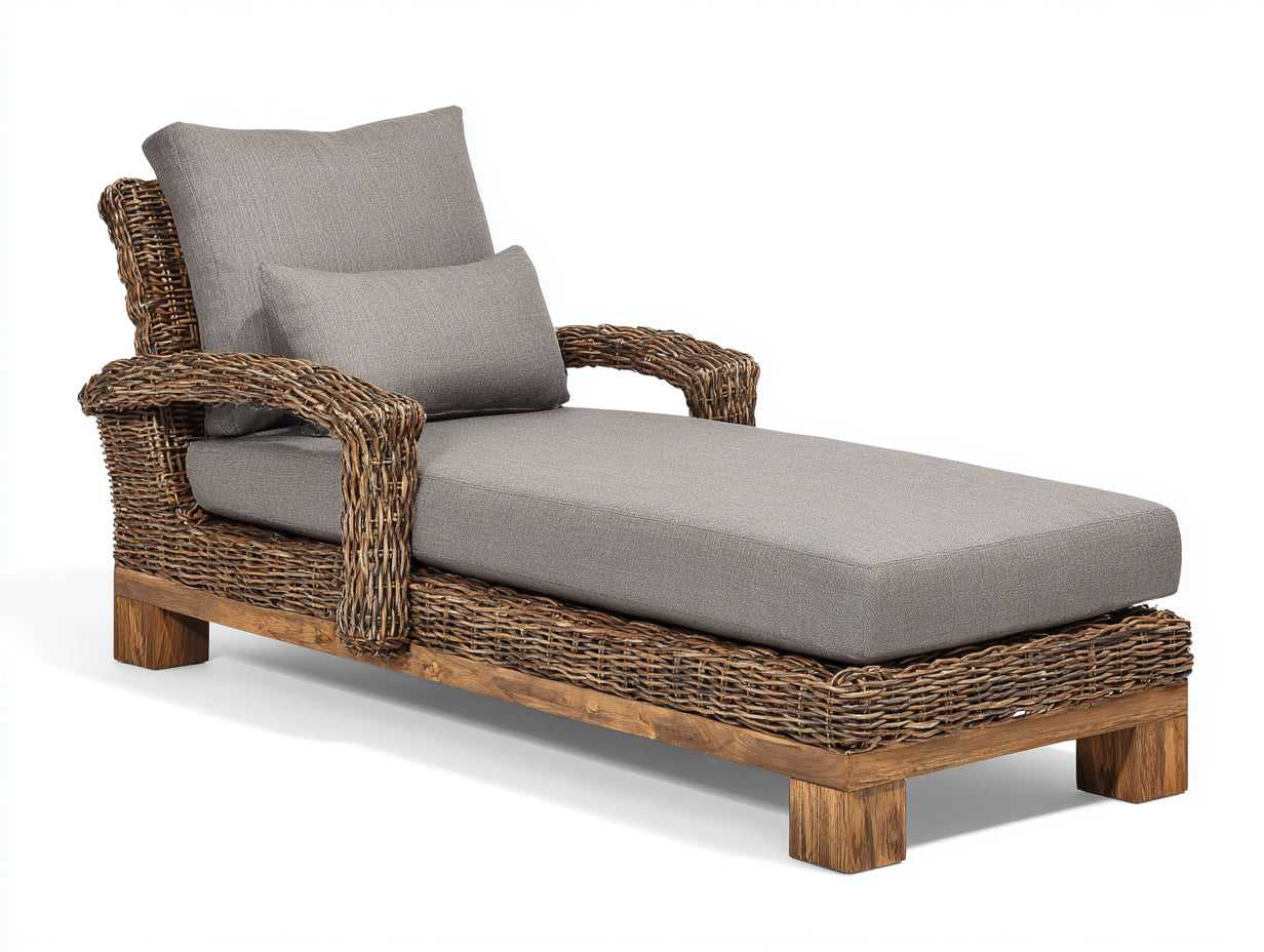 Bain de soleil - Rotin-bois-textile - 196 x 90 x 88 cm - Brun-Gris - Style rustique contemporain