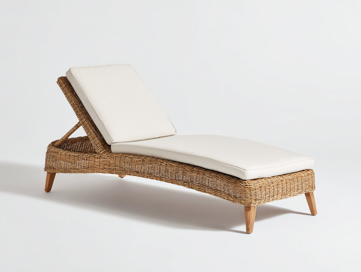 Bain de soleil - Rotin-bois-textile - 198 x 73 x 94 cm - Naturel-Écru - Style minimaliste inclinable