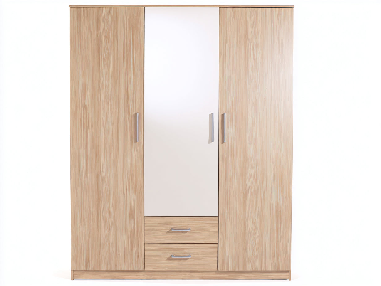 Armoire - Panneaux de bois-Miroir - 152 x 56 x 201 cm - Bois clair-Argent - Style contemporain